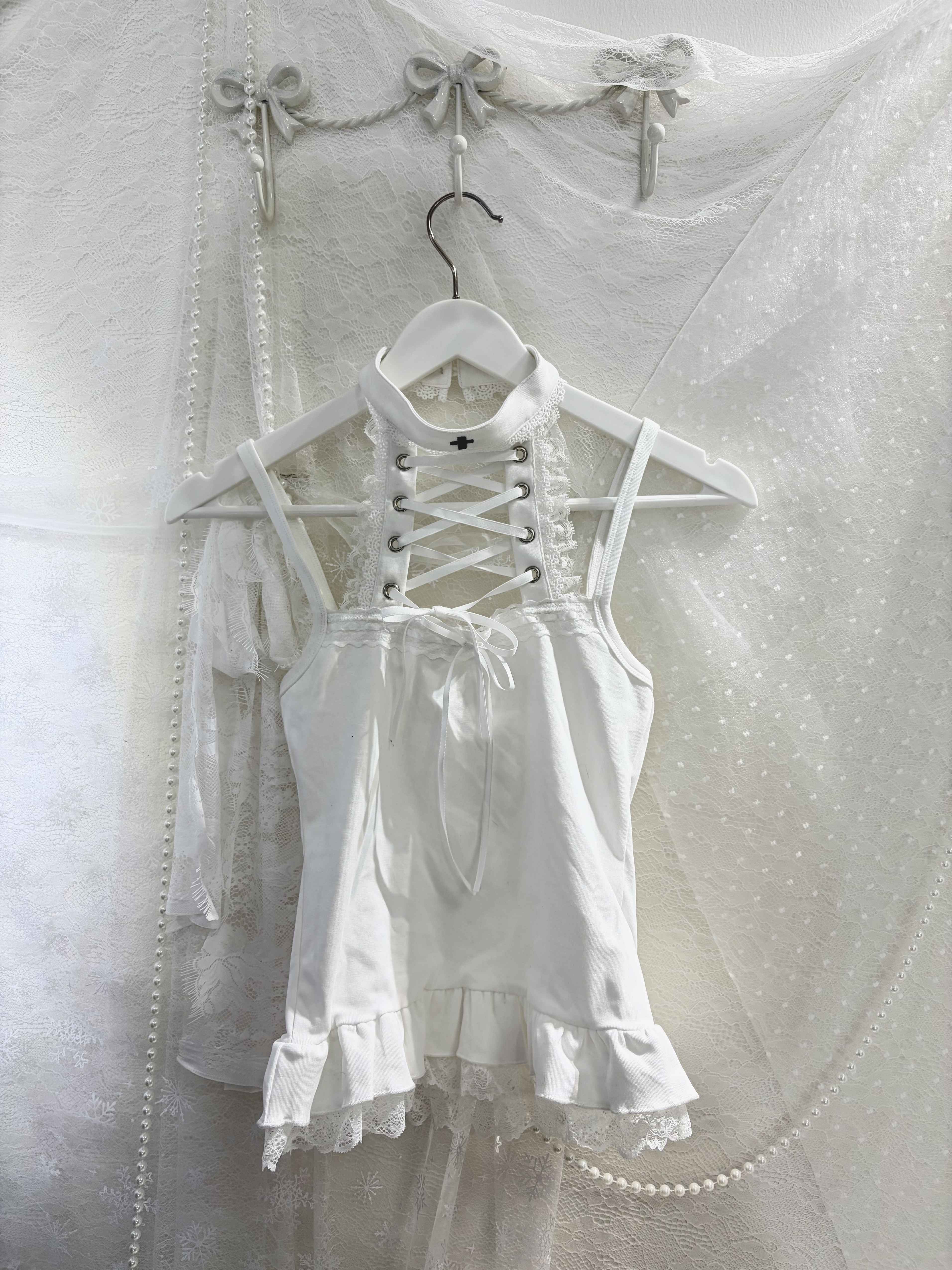 kukuwa_Pure_White_Subculture_Print_Tie_Strap_Sheer_Mesh_Inner_Women's_Short_Sleeve_Op_1035805720700_MISSTT