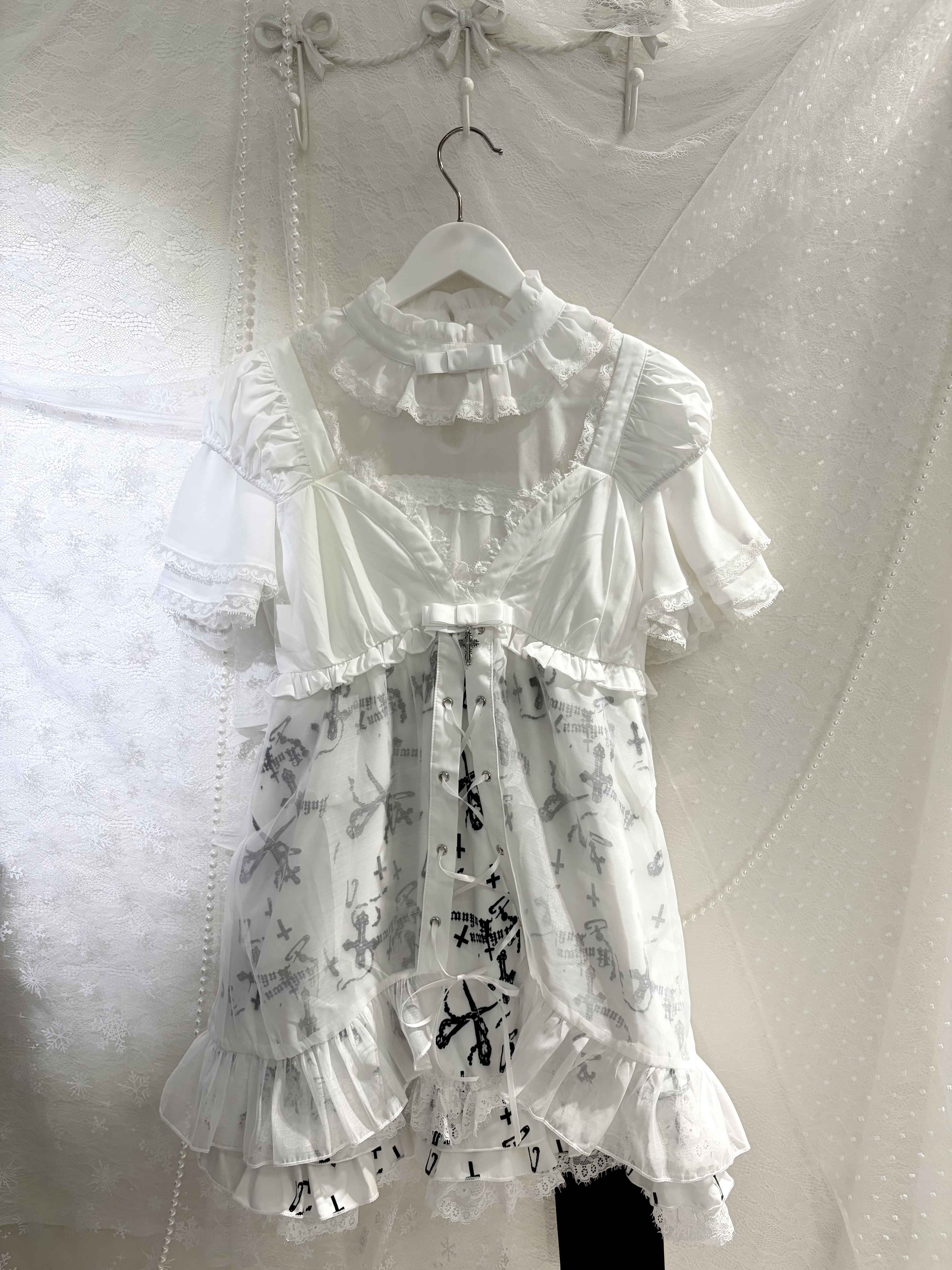 kukuwa_Pure_White_Subculture_Print_Tie_Strap_Sheer_Mesh_Inner_Women's_Short_Sleeve_Op_1035805720700_MISSTT