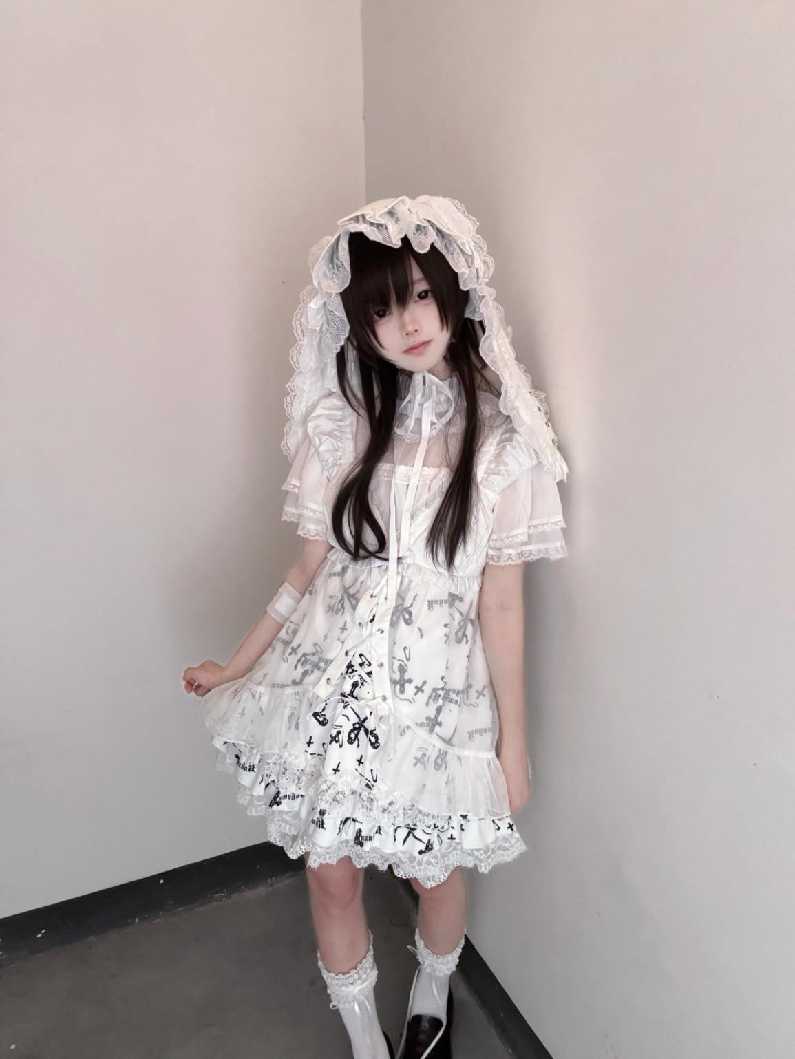 kukuwa Pure White Subculture Print Tie Strap Sheer Mesh Inner Women's Short Sleeve Op