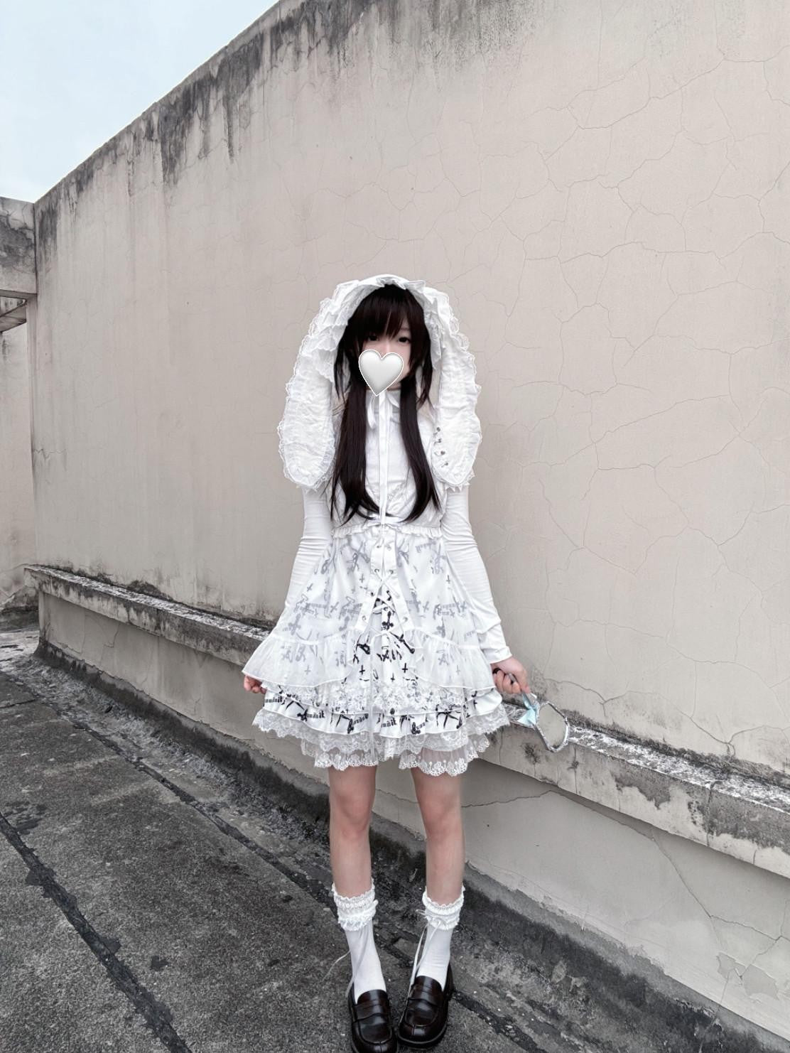 kukuwa Pure White Subculture Print Tie Strap Sheer Mesh Inner Women's Short Sleeve Op