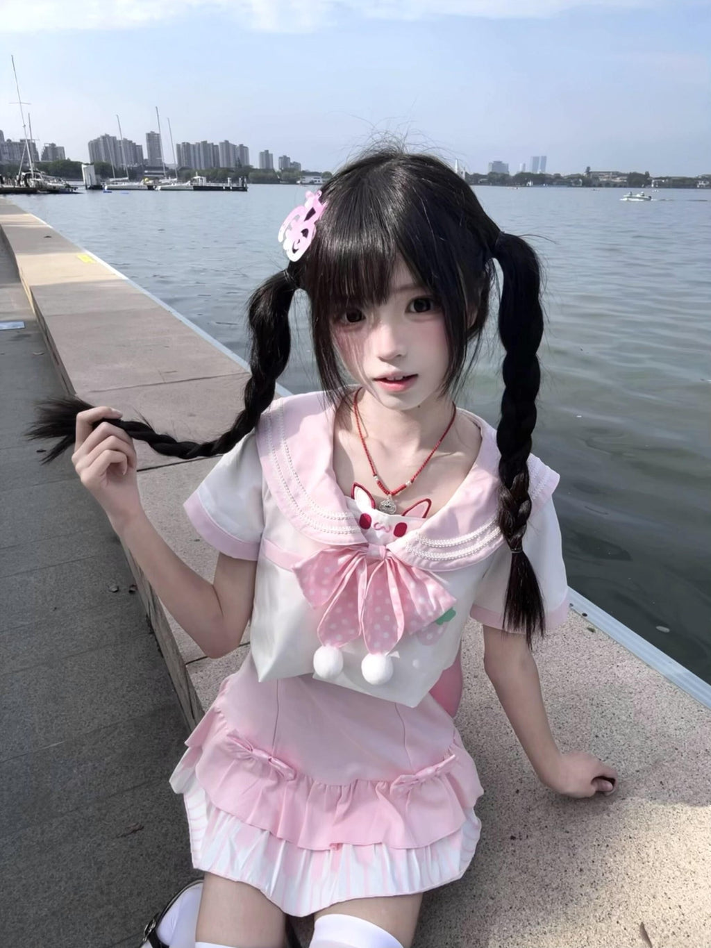 kukuwa Rabbit Ear Sailor Collar Bow Fitted Waist Long Sleeve Women's Jsk Sets