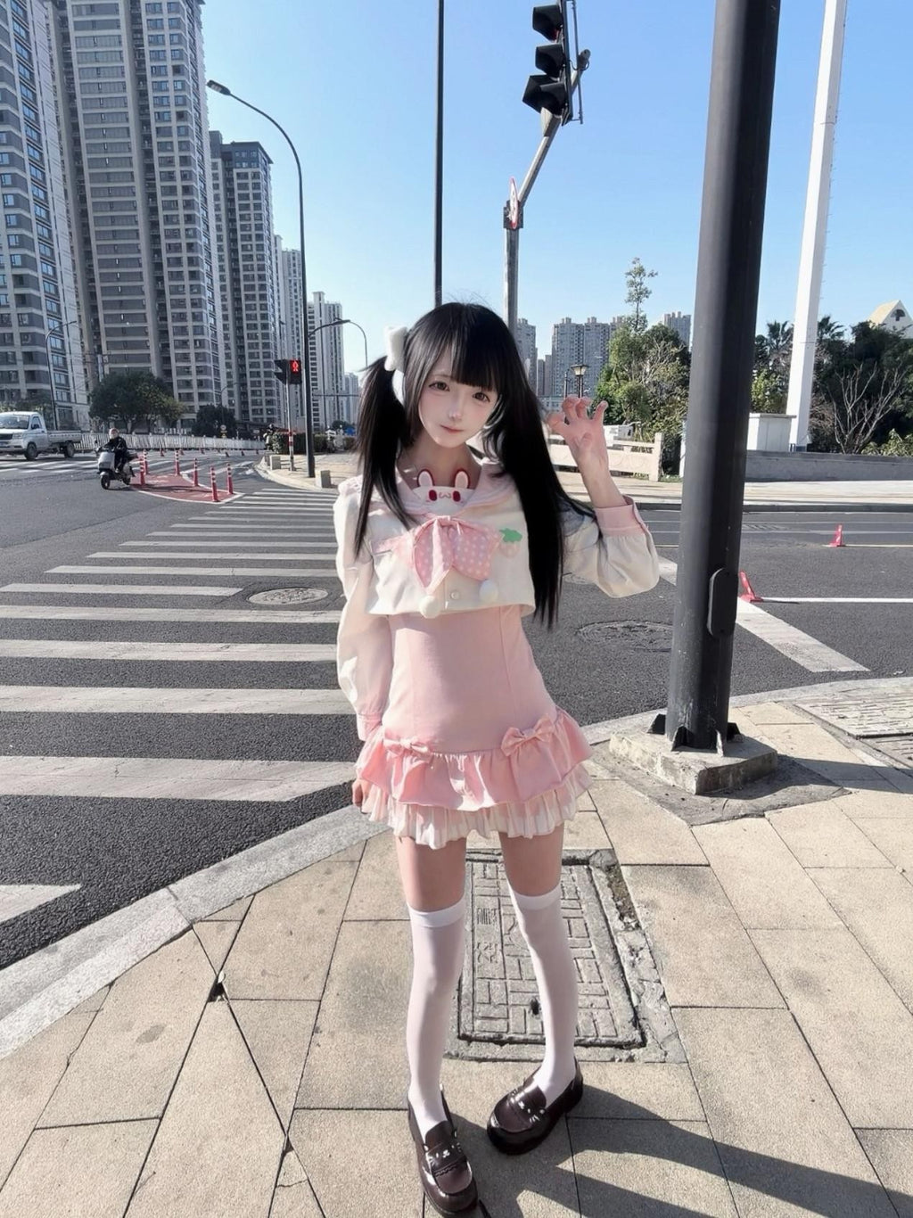 kukuwa Rabbit Ear Sailor Collar Bow Fitted Waist Long Sleeve Women's Jsk Sets