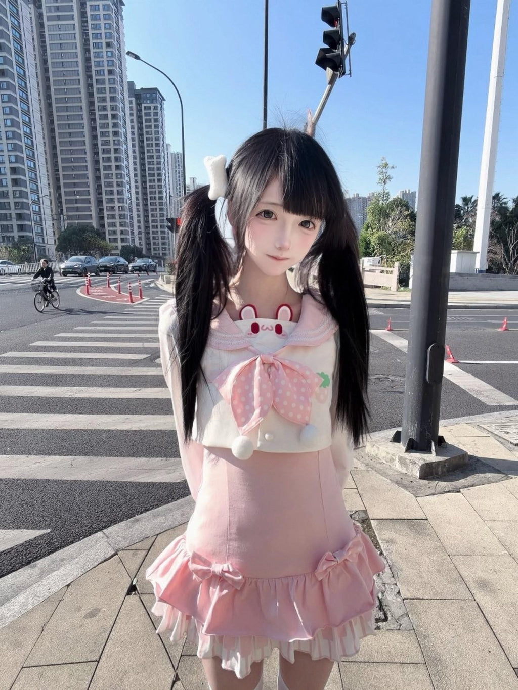 kukuwa Rabbit Ear Sailor Collar Bow Fitted Waist Long Sleeve Women's Jsk Sets