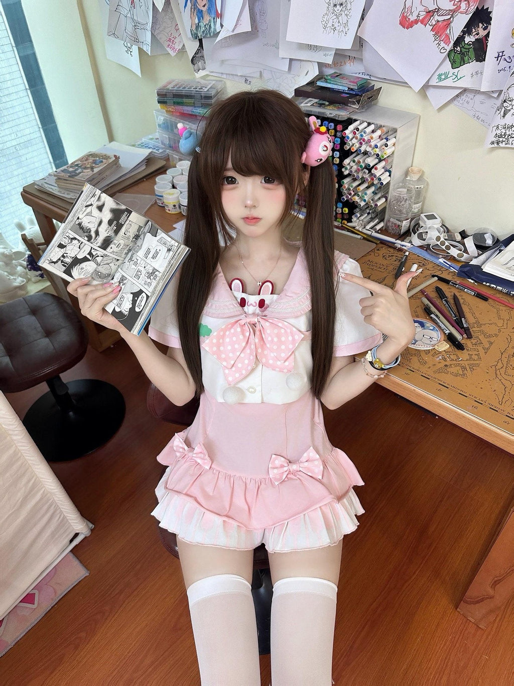 kukuwa Rabbit Ear Sailor Collar Bow Fitted Waist Long Sleeve Women's Jsk Sets