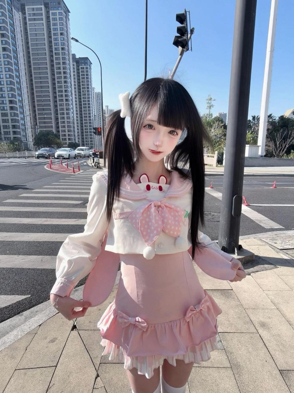 kukuwa Rabbit Ear Sailor Collar Bow Fitted Waist Long Sleeve Women's Jsk Sets