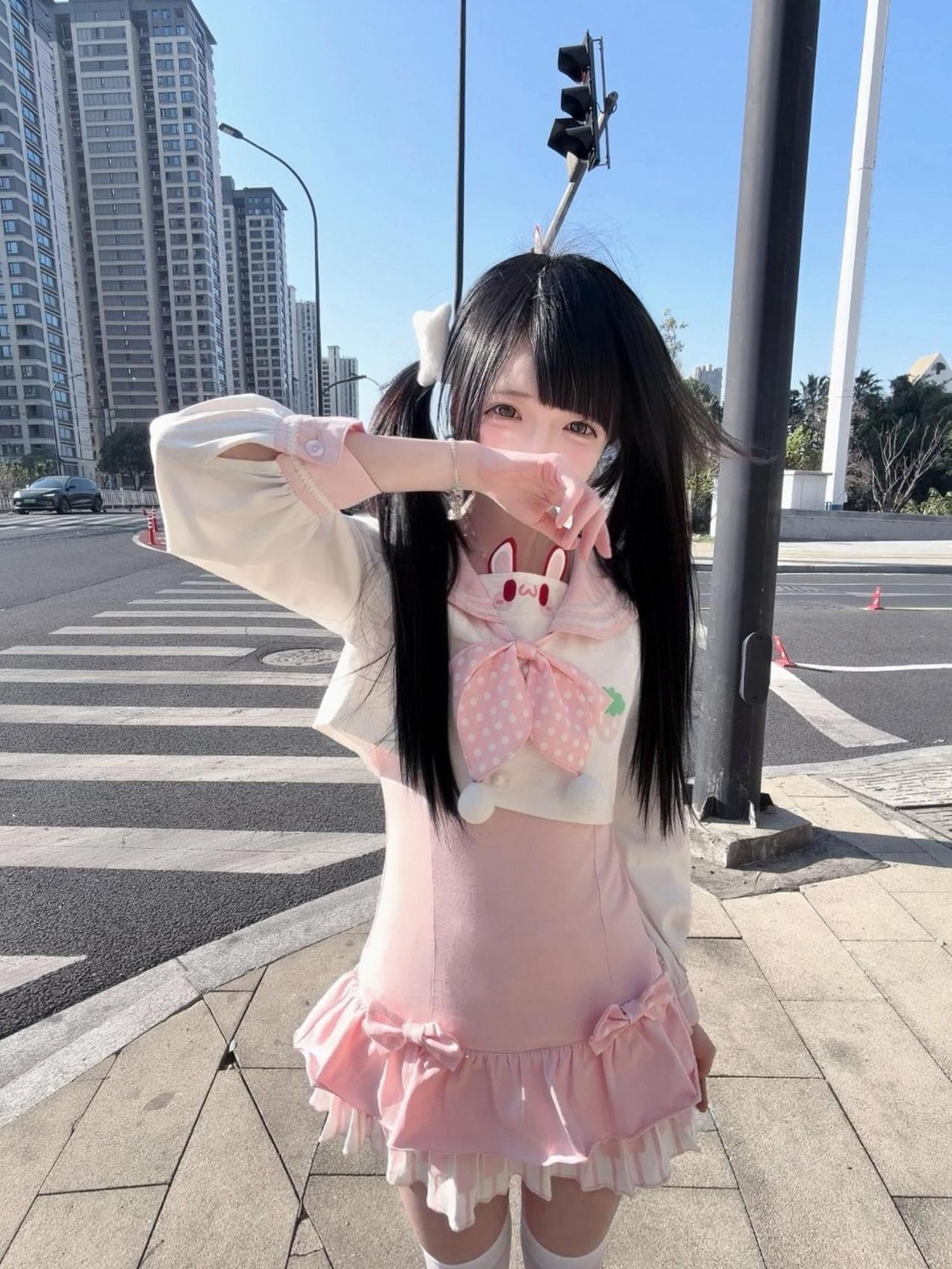 kukuwa Rabbit Ear Sailor Collar Bow Fitted Waist Long Sleeve Women's Jsk Sets