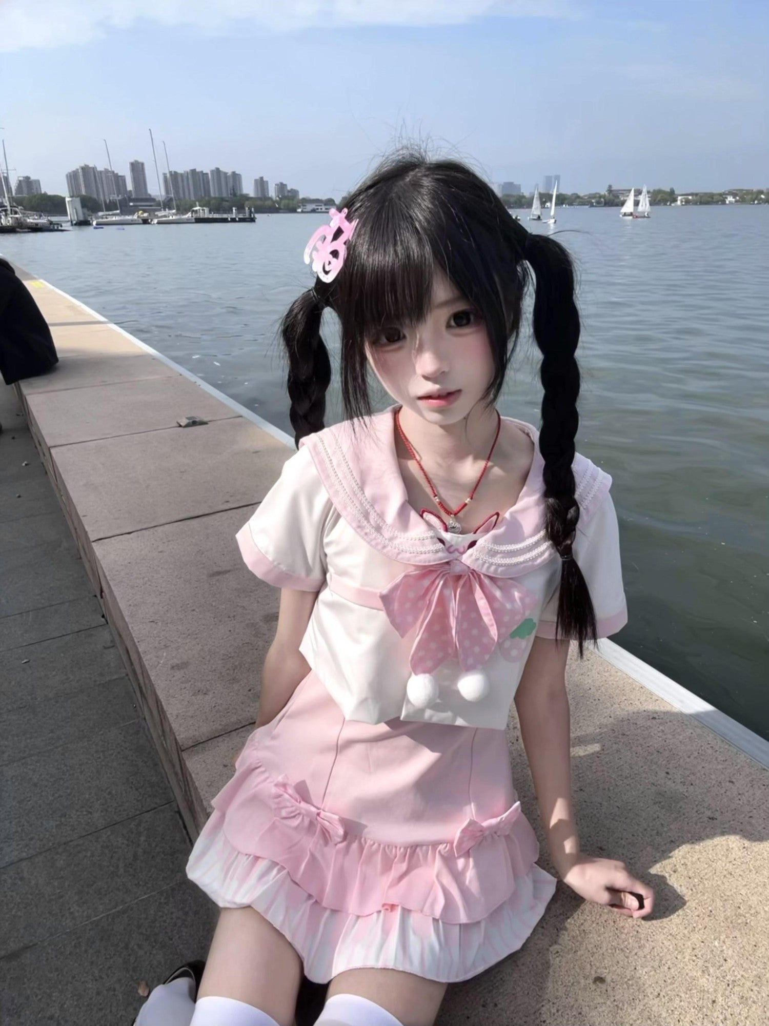 kukuwa Rabbit Ear Sailor Collar Bow Fitted Waist Long Sleeve Women's Jsk Sets