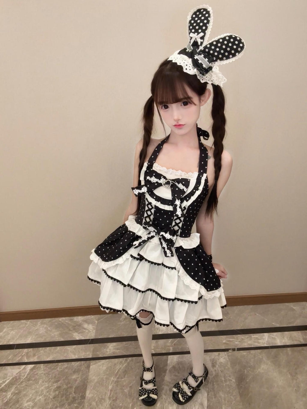 kukuwa Retro Sweetheart Polka Dot Heart Tie Halter Women's Jsk / Jumper Skirts