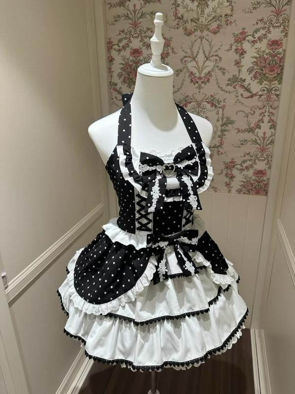 kukuwa Retro Sweetheart Polka Dot Heart Tie Halter Women's Jsk / Jumper Skirts
