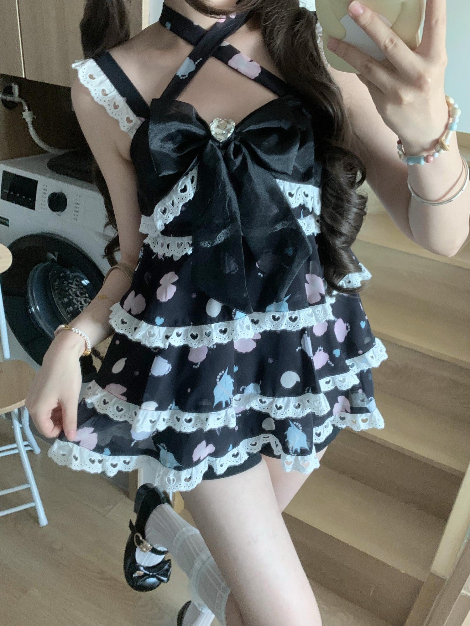 kukuwa Shell Bow Heart Pendant Spaghetti Strap Cute Women's Chiffon Jsk / Jumper Skirts