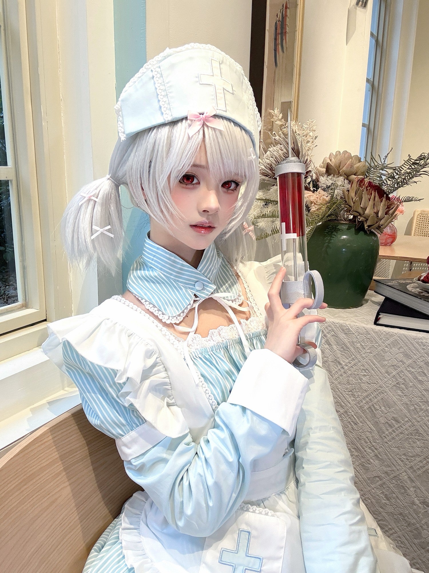 kukuwa Sky Blue Embroidered Medical Maid Apron Women's Long Sleeve Op