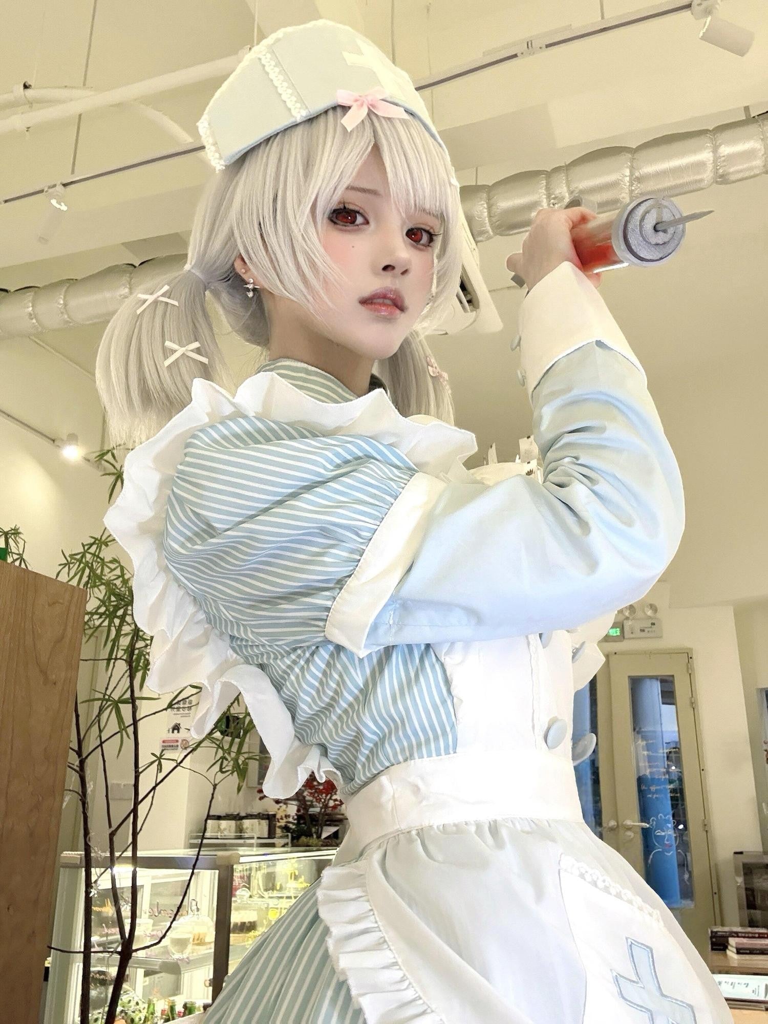 kukuwa Sky Blue Embroidered Medical Maid Apron Women's Long Sleeve Op