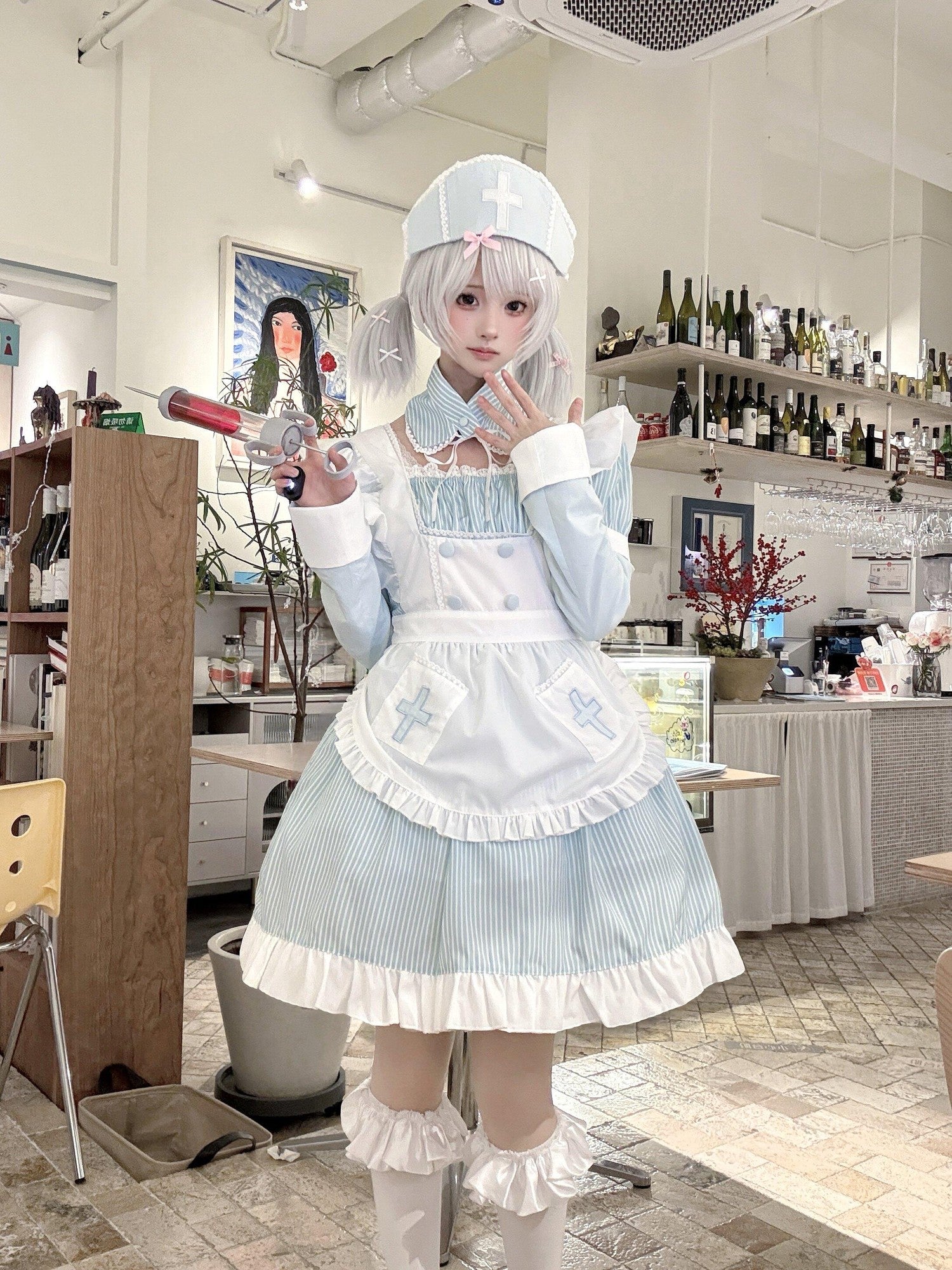 kukuwa Sky Blue Embroidered Medical Maid Apron Women's Long Sleeve Op