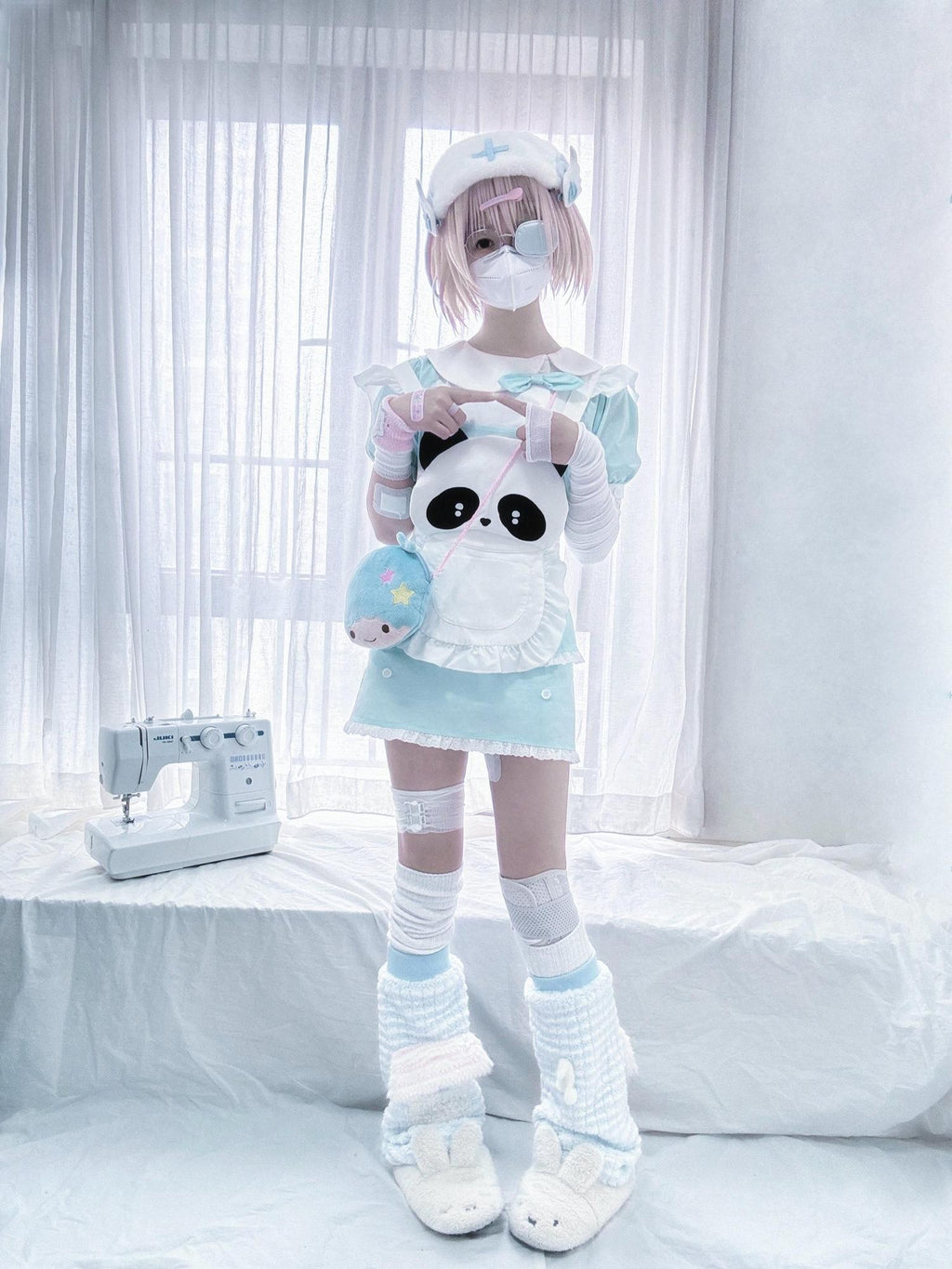 kukuwa Soft Cute Bow Button Panda Maid Medical Bandage Detail Women's Skirt Sets