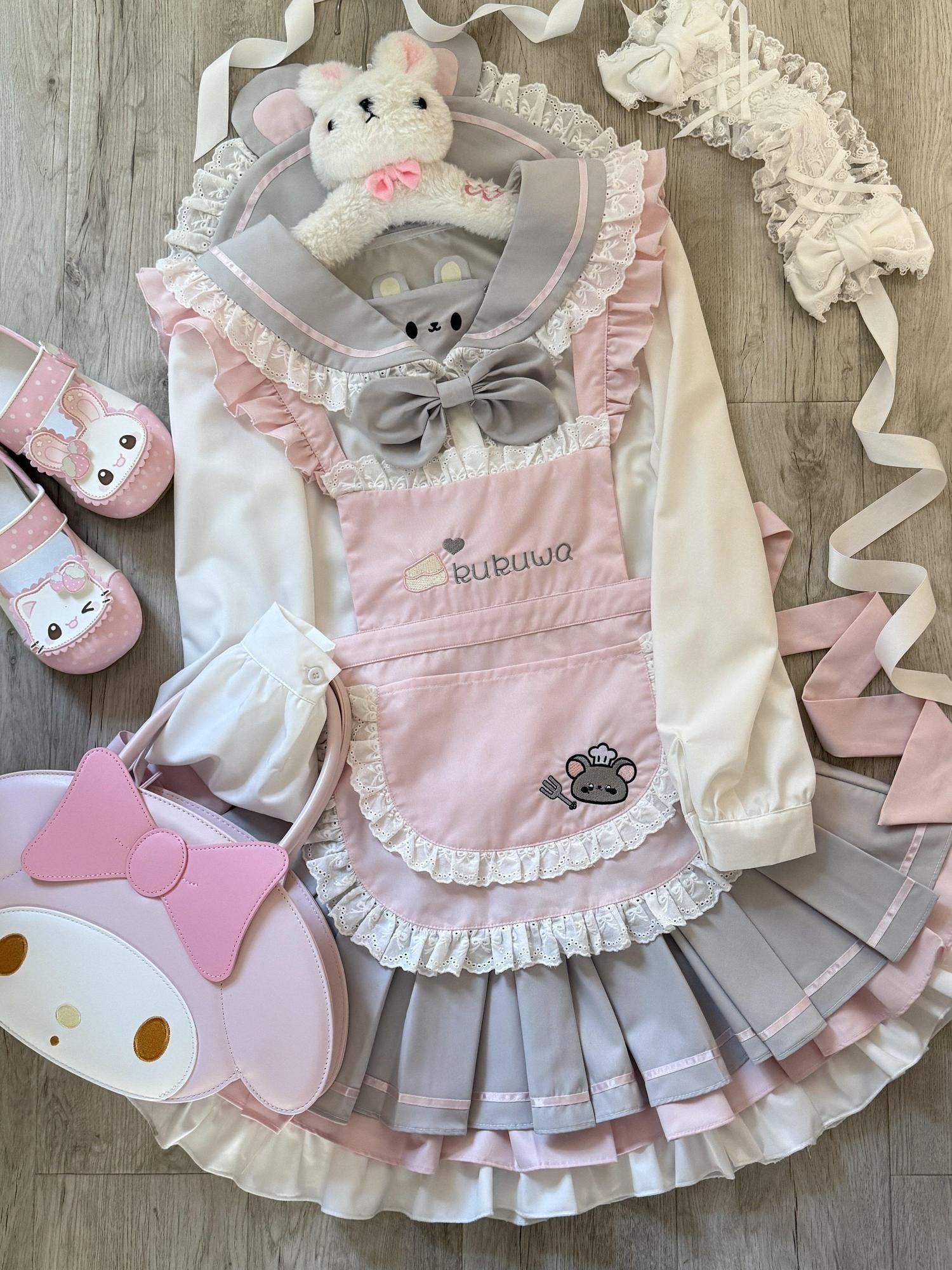 kukuwa Soft Cute Embroidered Mouse Maid Apron Women's Knit Sweater Skirt Sets