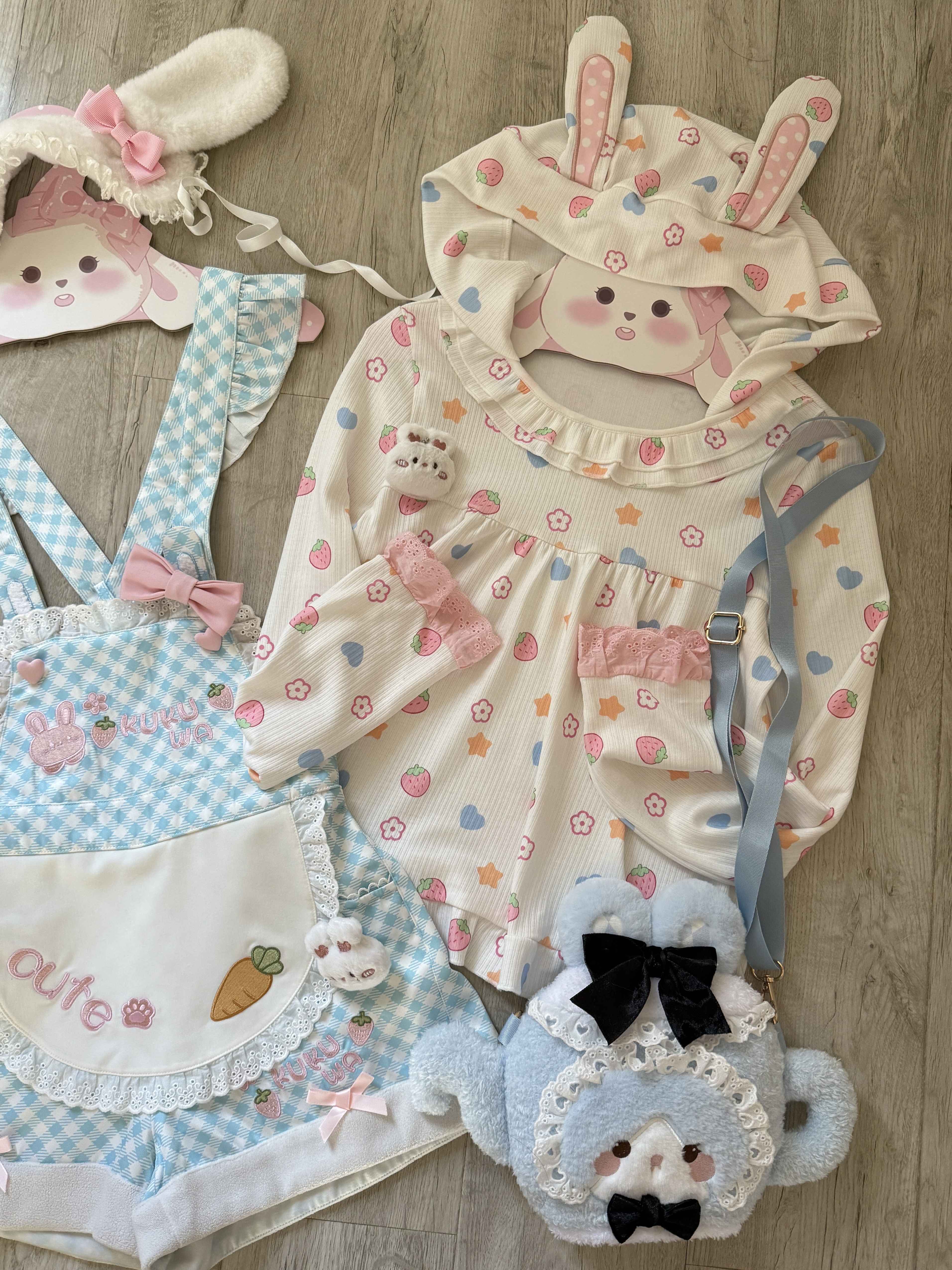 kukuwa_Soft_Cute_Rabbit_Ear_Lace_Ruffle_Blue_Plaid_Women's_Short_Salopettes_995448752340_MISSTT