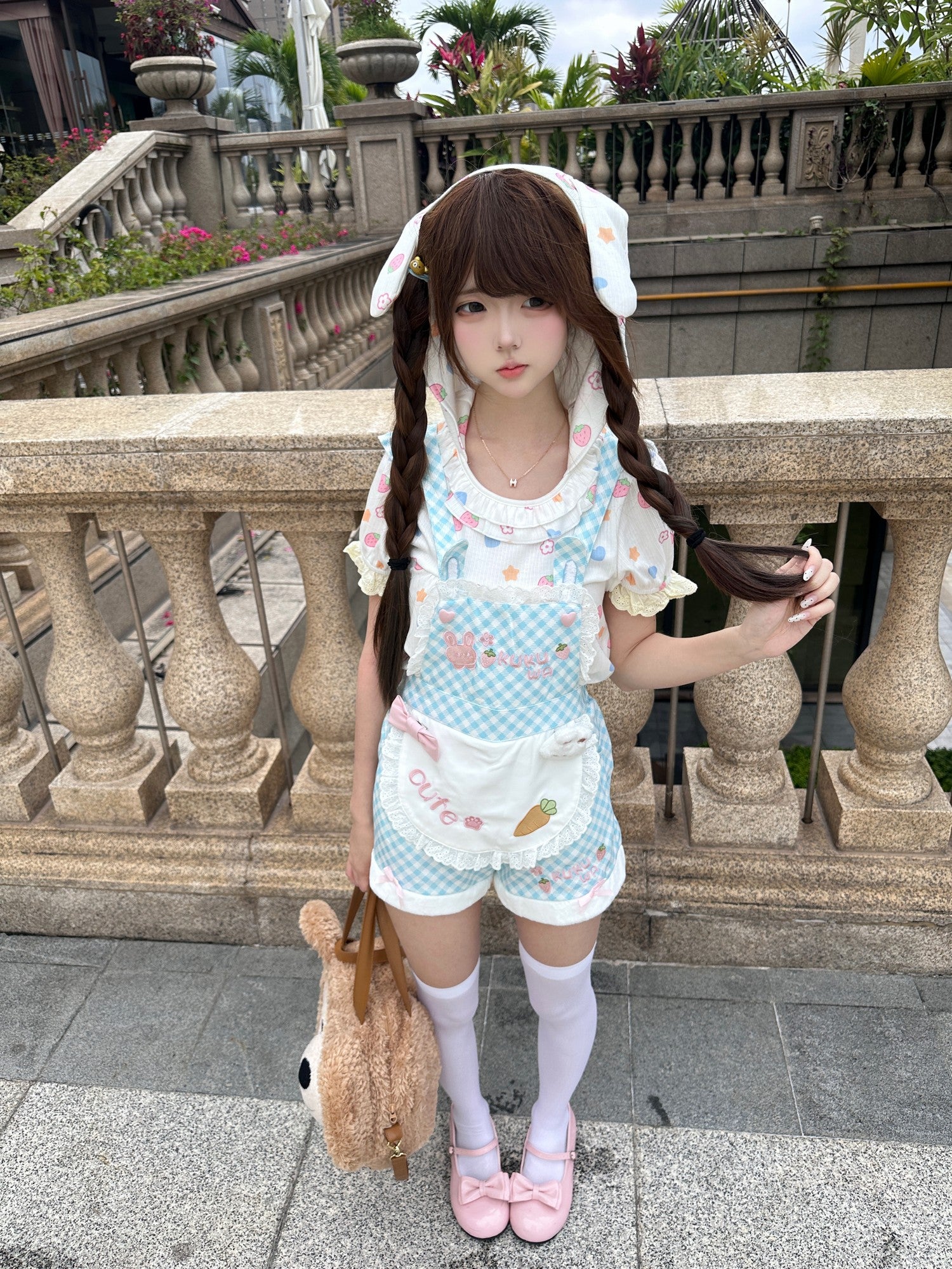 kukuwa Soft Cute Rabbit Ear Lace Ruffle Blue Plaid Women's Short Salopettes