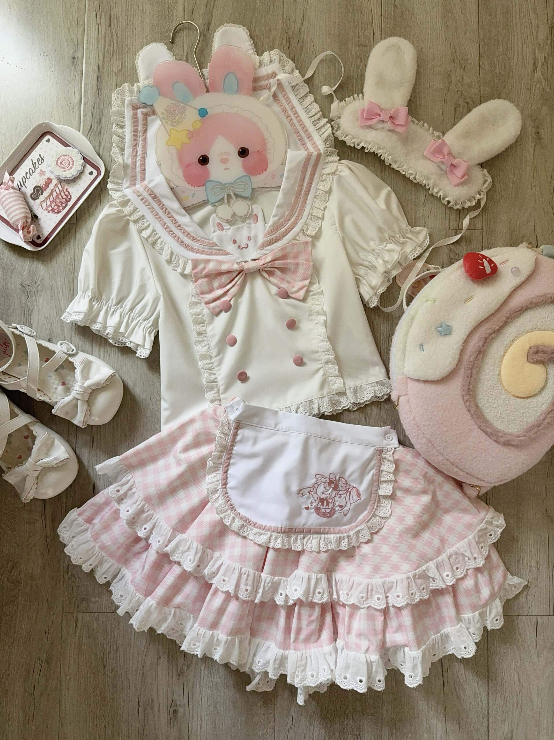 kukuwa_Soft_Cute_Rabbit_Embroidery_Bow_Plaid_Apron_Women's_Polyester_Skirt_Sets_929570547310_MISSTT