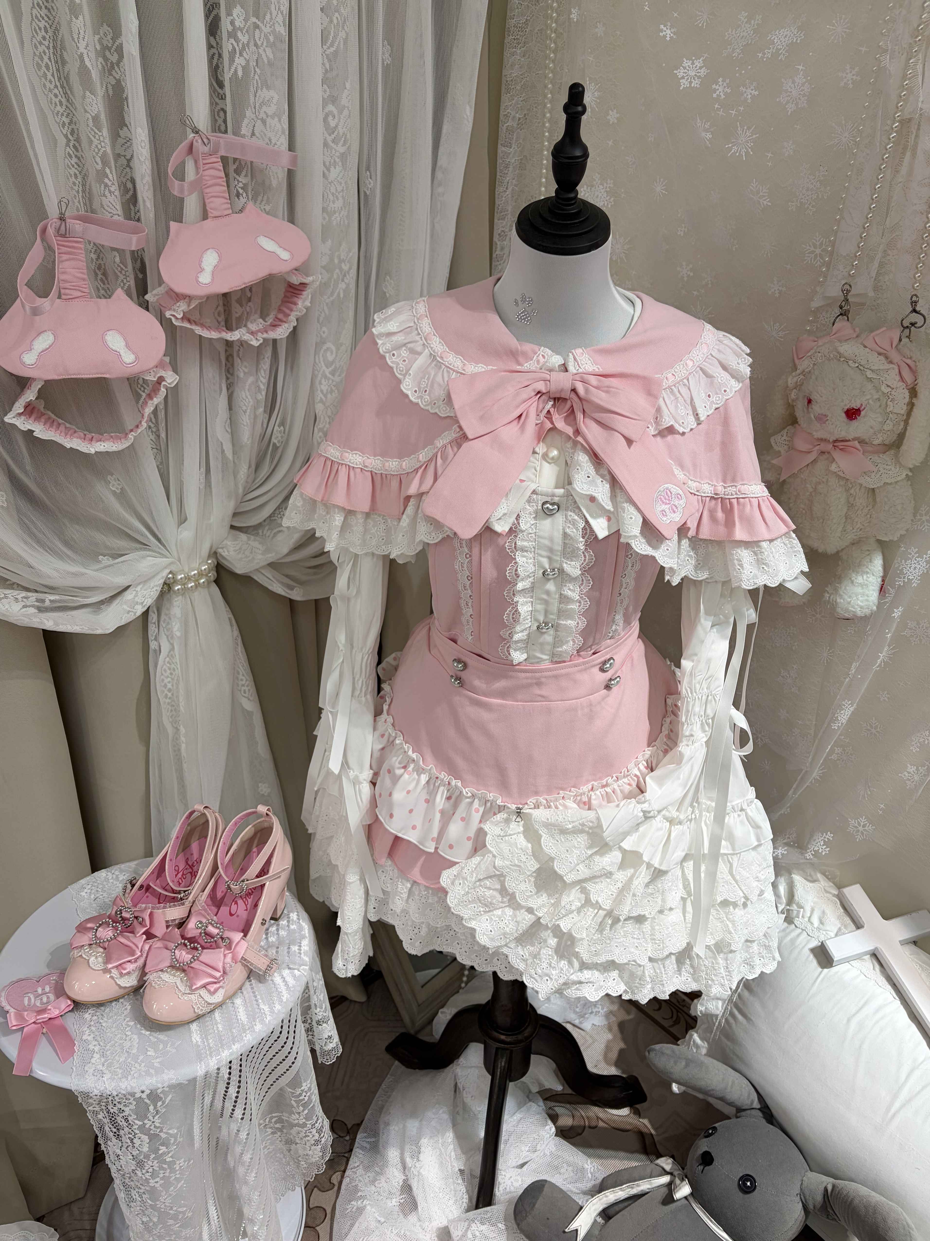 kukuwa_Soft_Pink_Layered_Ruffle_Bow_Strap_Cape_Puff_Sleeve_Women's_Skirt_Sets_1023995785781_MISSTT