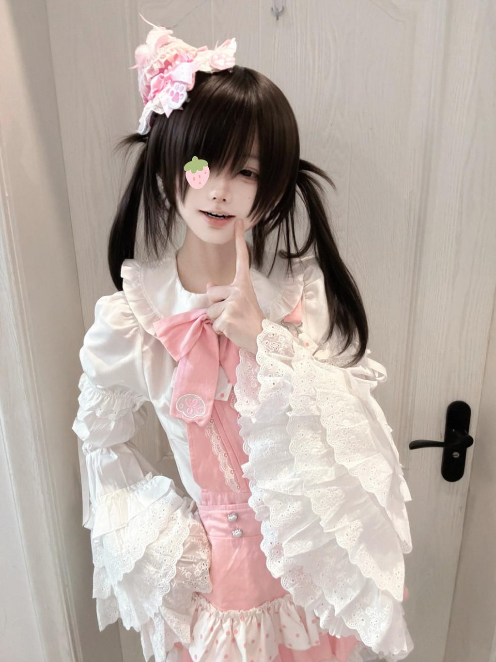 kukuwa Soft Pink Layered Ruffle Bow Strap Cape Puff Sleeve Women's Skirt Sets