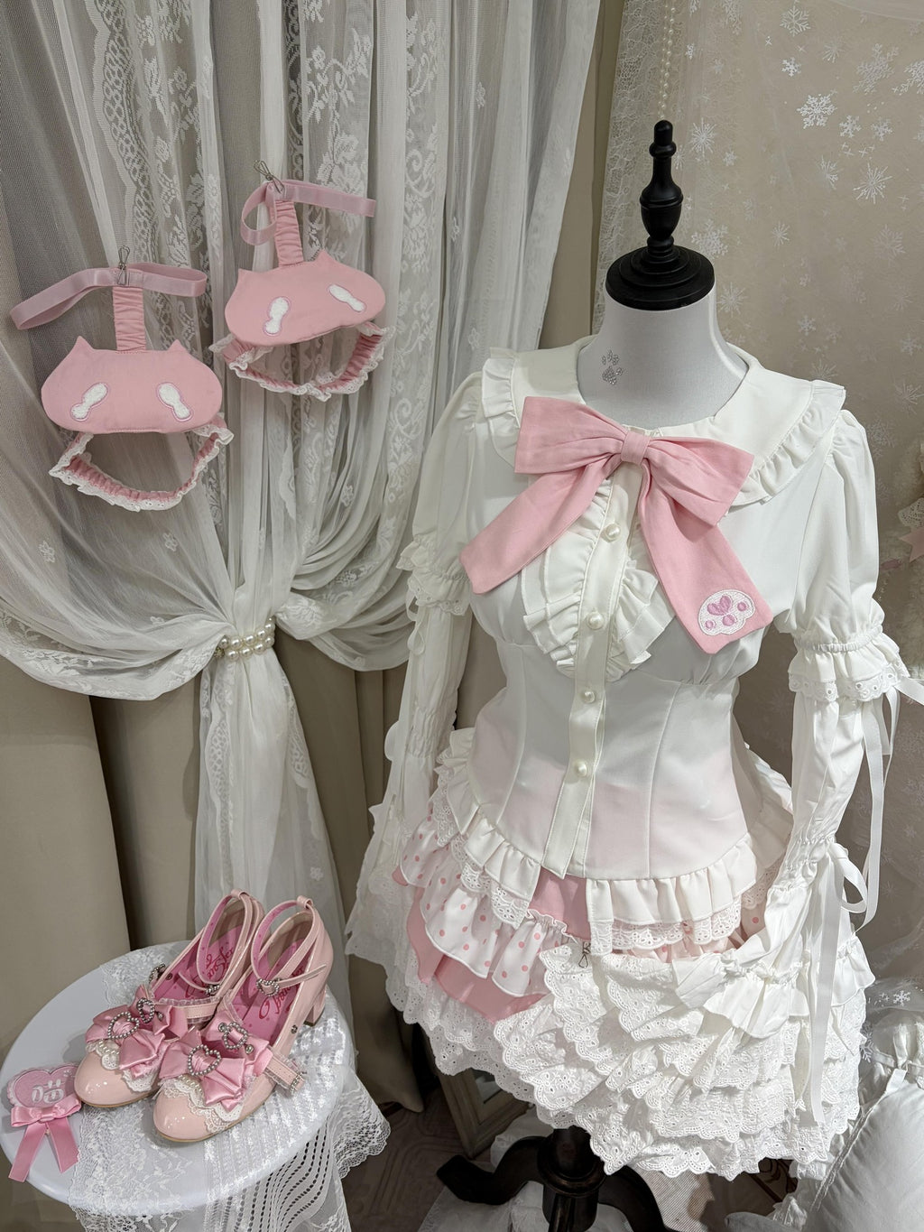 kukuwa Soft Pink Layered Ruffle Bow Strap Cape Puff Sleeve Women's Skirt Sets