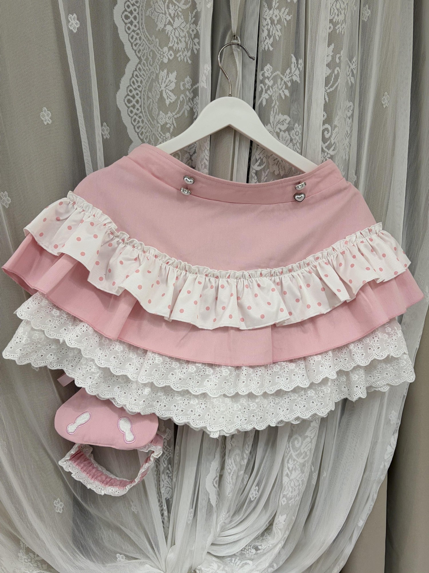 kukuwa Soft Pink Layered Ruffle Bow Strap Cape Puff Sleeve Women's Skirt Sets