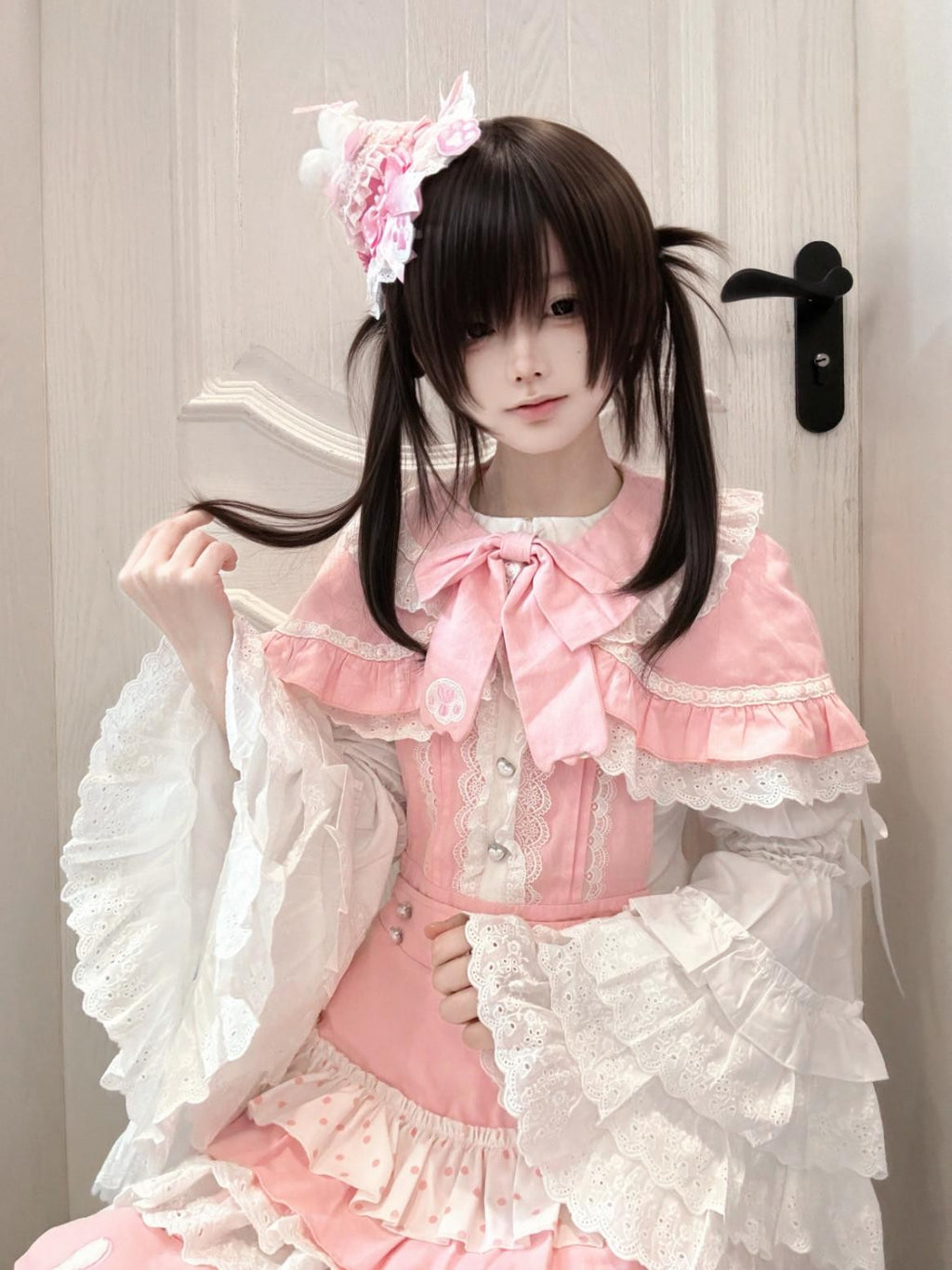 kukuwa Soft Pink Layered Ruffle Bow Strap Cape Puff Sleeve Women's Skirt Sets