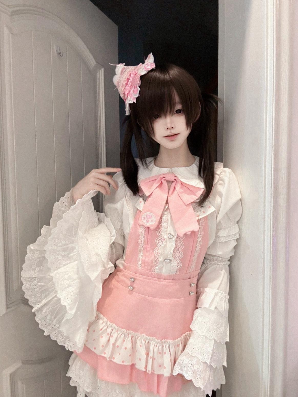 kukuwa Soft Pink Layered Ruffle Bow Strap Cape Puff Sleeve Women's Skirt Sets