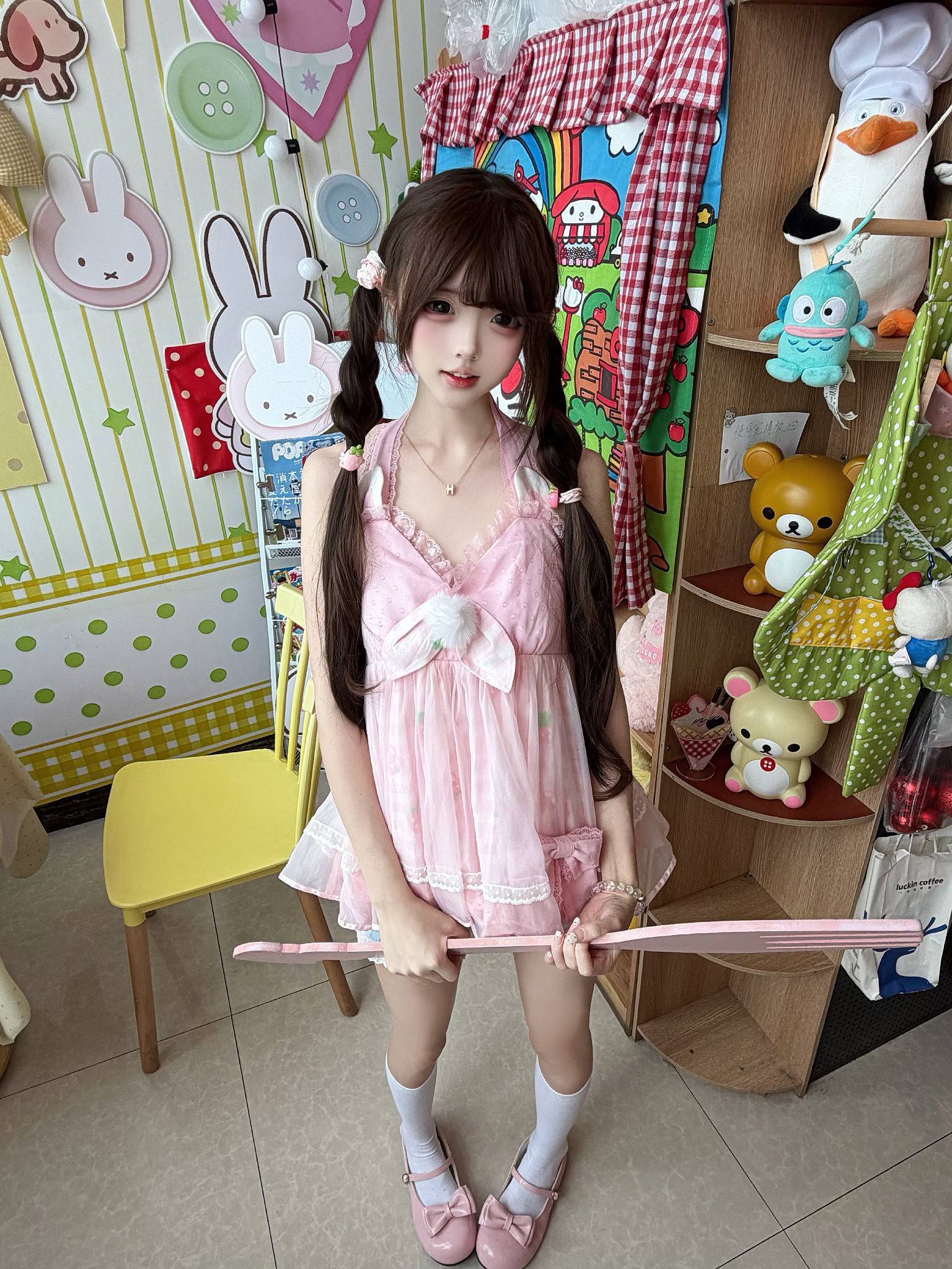 kukuwa_Soft_Pink_Rabbit_Ear_Print_Halter_Lace_Trim_Women's_Chiffon_Jsk_/_Jumper_Skirts_1061096372313_MISSTT