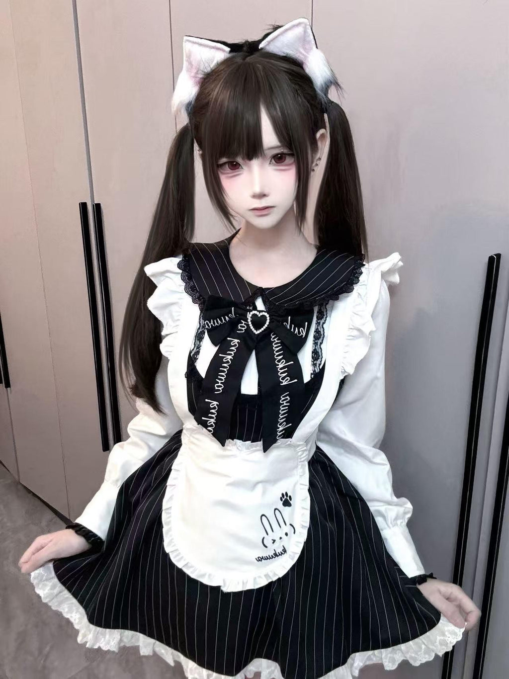 kukuwa Striped Bow Lace Up Rabbit Ear Maid Subculture Women's Short Sleeve Op
