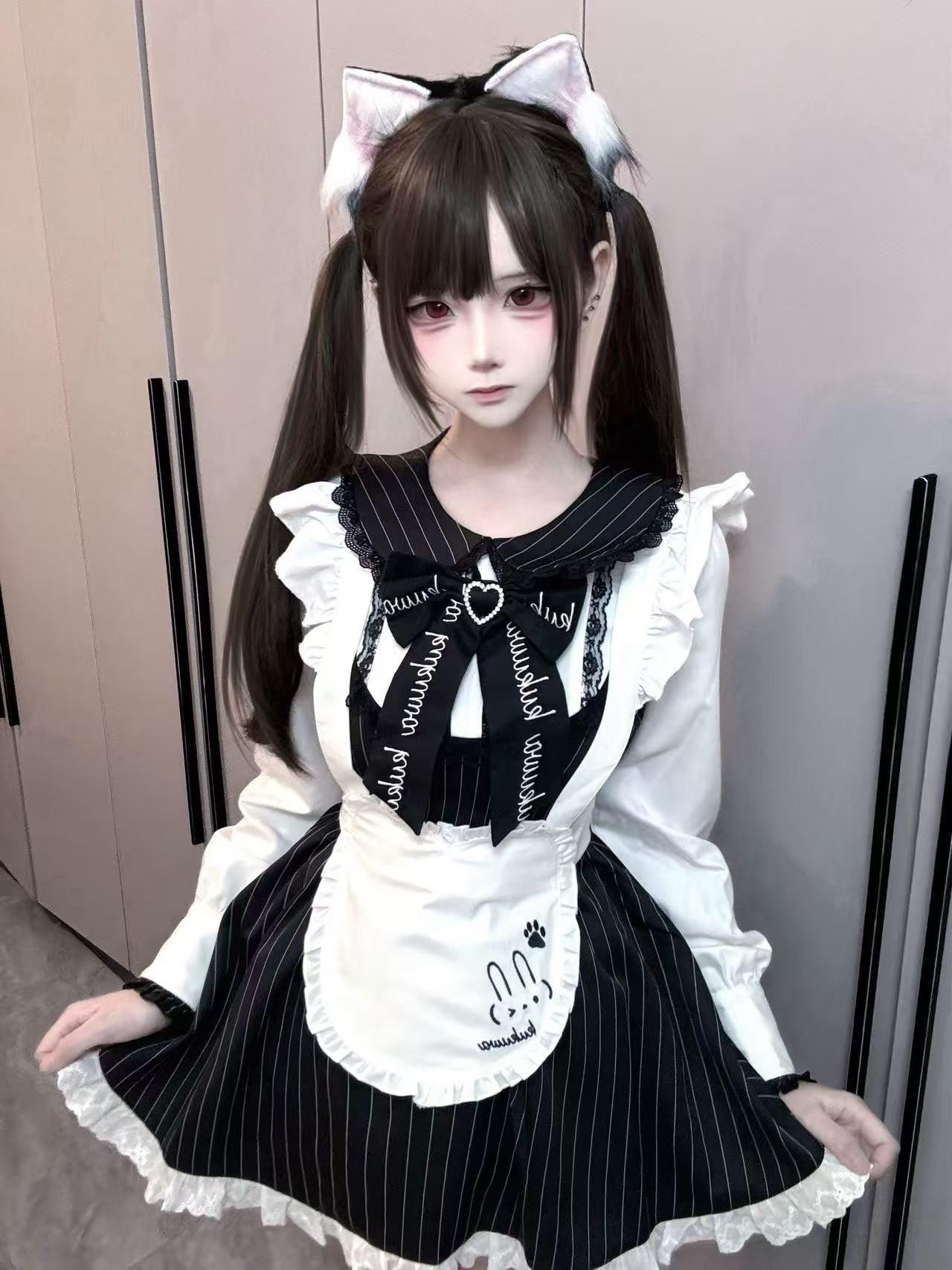 kukuwa Striped Bow Lace Up Rabbit Ear Maid Subculture Women's Short Sleeve Op