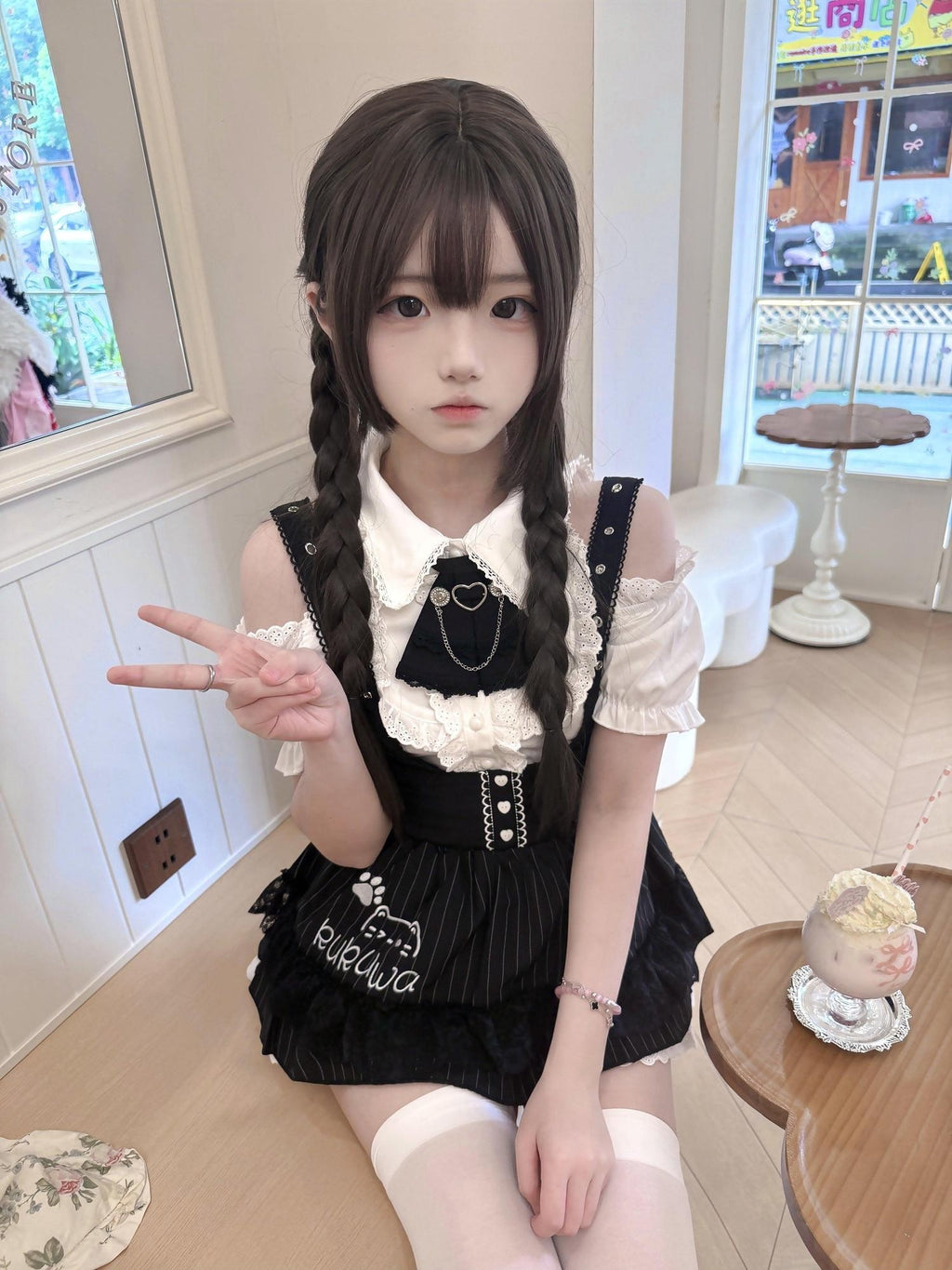 kukuwa Striped Embroidered Cat Ear Off Shoulder Subculture Women's Jsk / Jumper Skirts