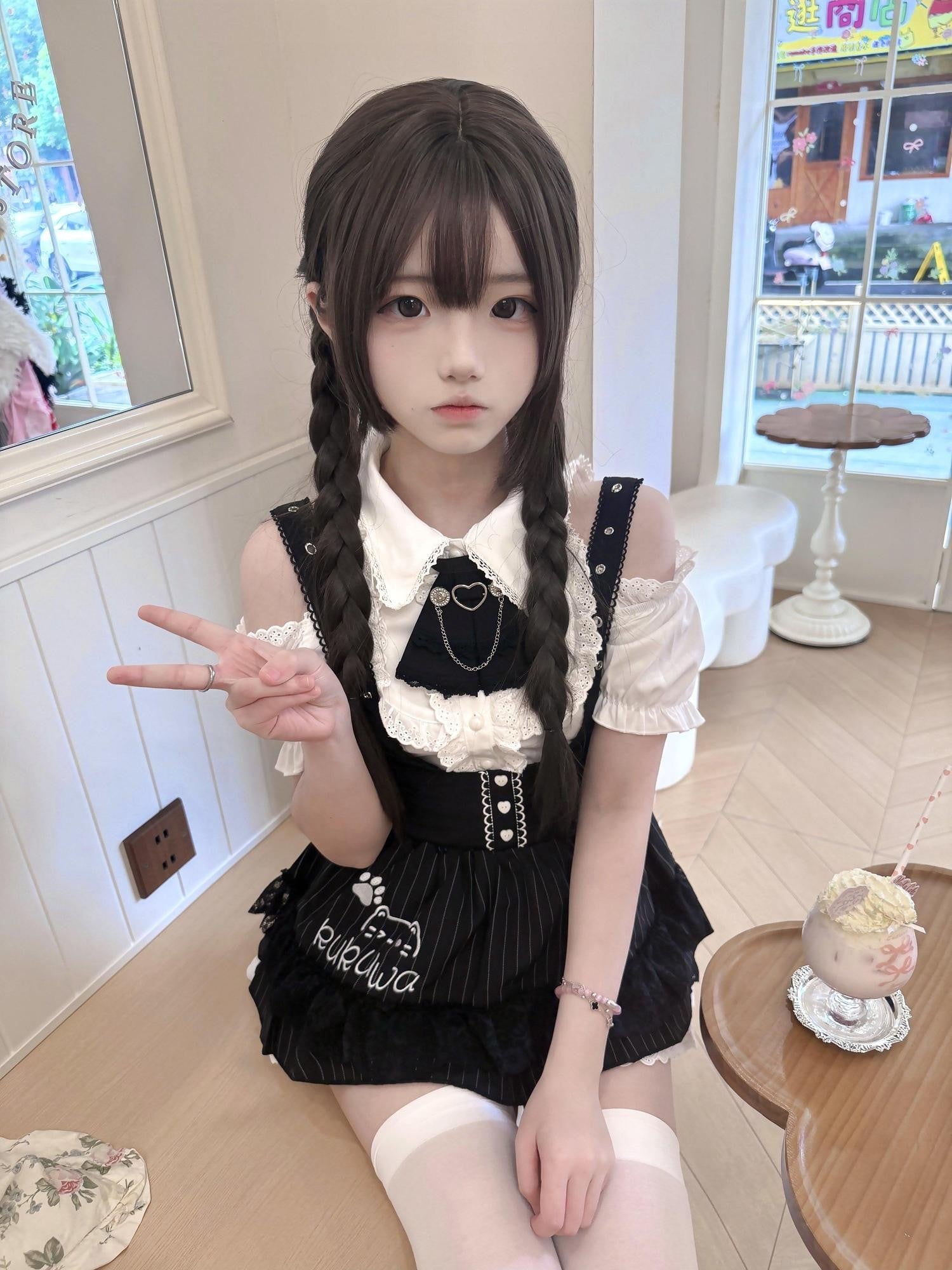 kukuwa Striped Embroidered Cat Ear Off Shoulder Subculture Women's Jsk / Jumper Skirts