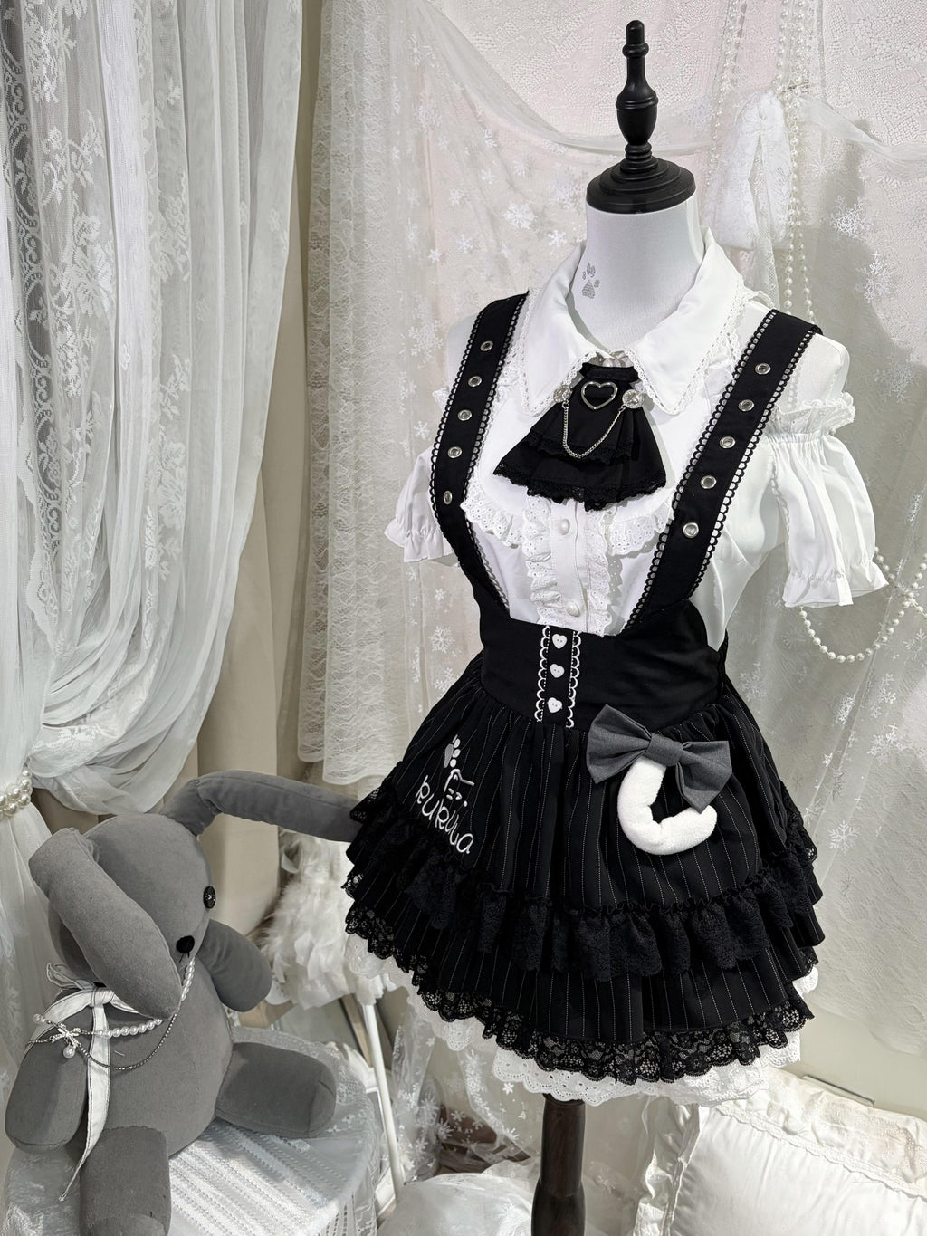 kukuwa Striped Embroidered Cat Ear Off Shoulder Subculture Women's Jsk / Jumper Skirts