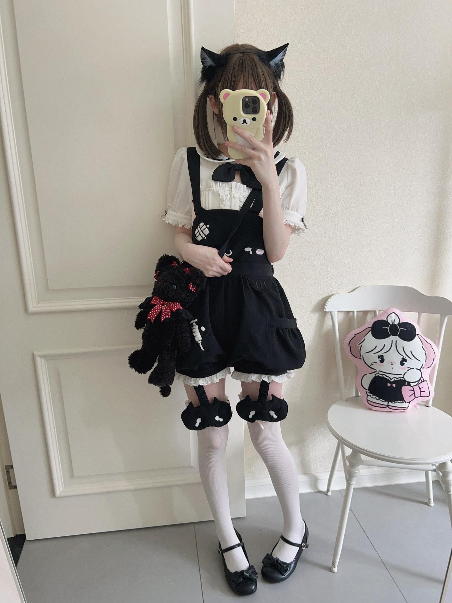 kukuwa Towel Embroidered Cat Paw Sailor Collar Women's Cotton Pumpkin Skirt Salopettes