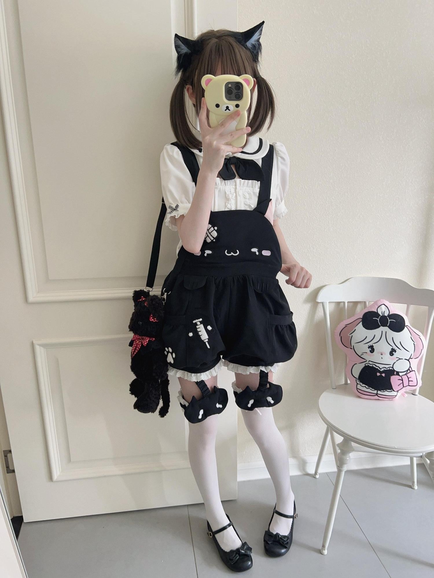 kukuwa Towel Embroidered Cat Paw Sailor Collar Women's Cotton Pumpkin Skirt Salopettes