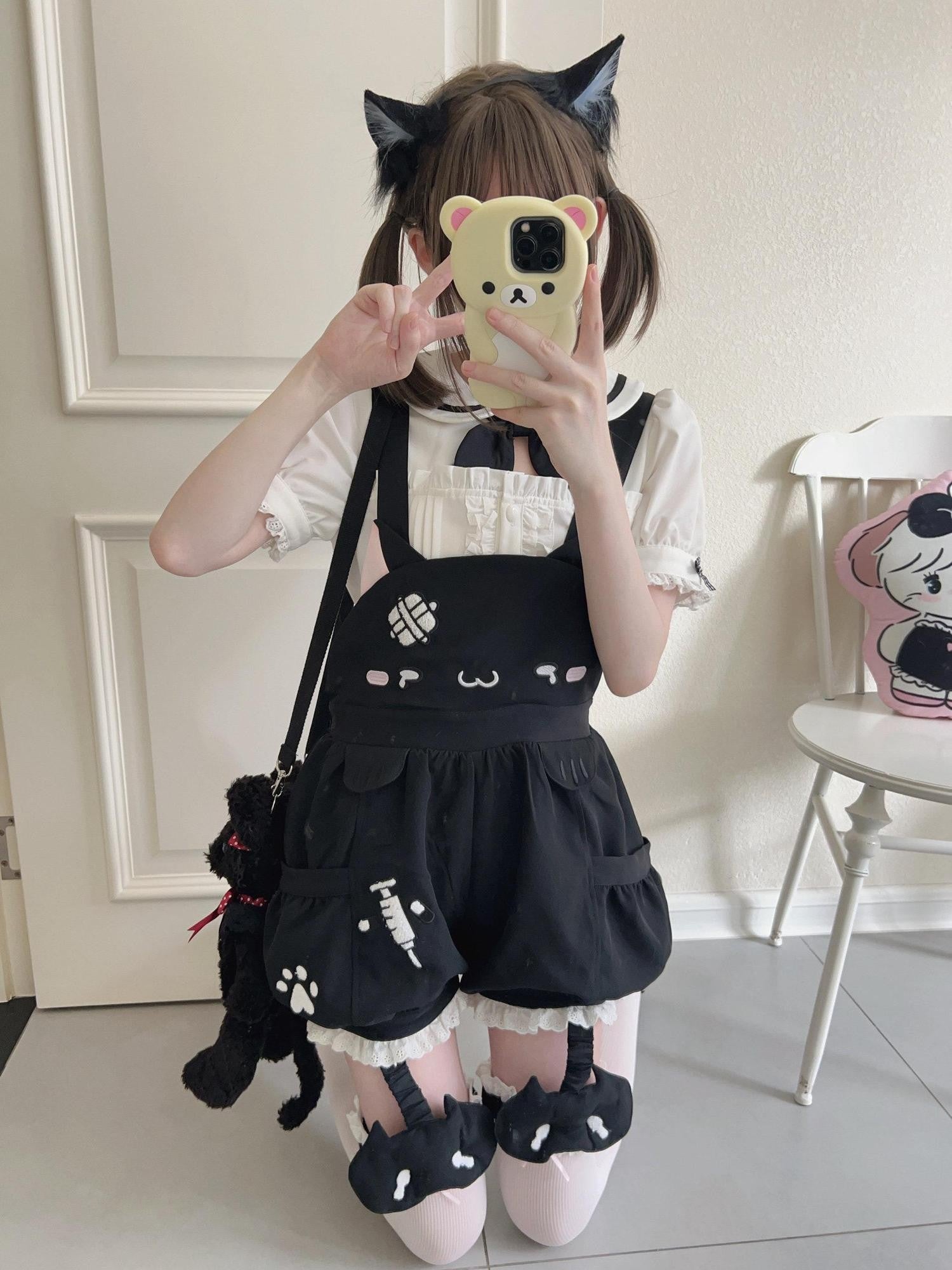 kukuwa Towel Embroidered Cat Paw Sailor Collar Women's Cotton Pumpkin Skirt Salopettes