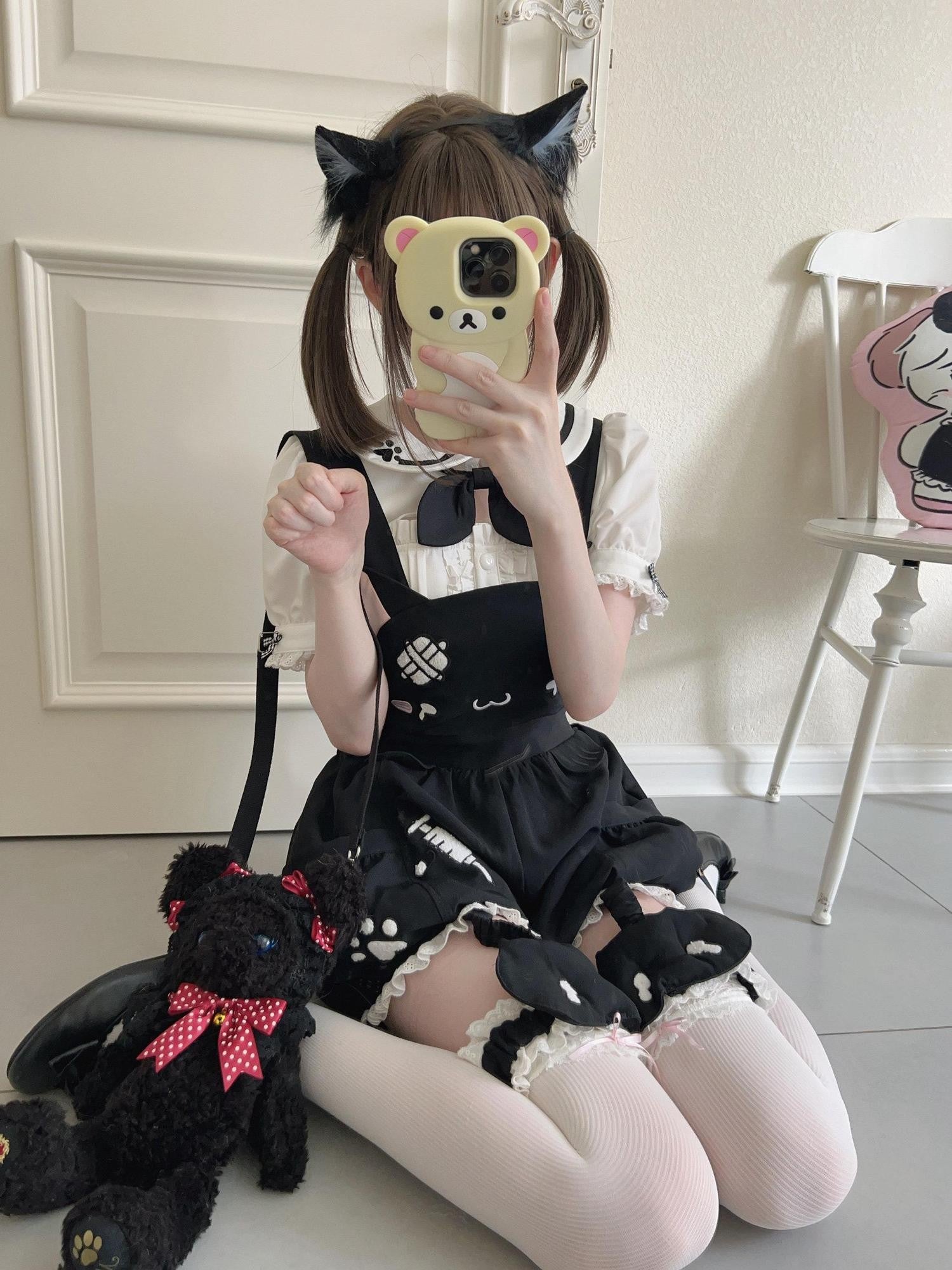 kukuwa Towel Embroidered Cat Paw Sailor Collar Women's Cotton Pumpkin Skirt Salopettes